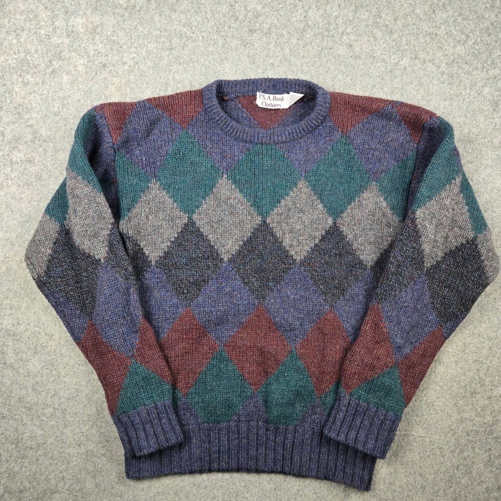 Jos A Bank Sweater Mens M Blue Argyle Shetland Wool Crew Neck Preppy Classic